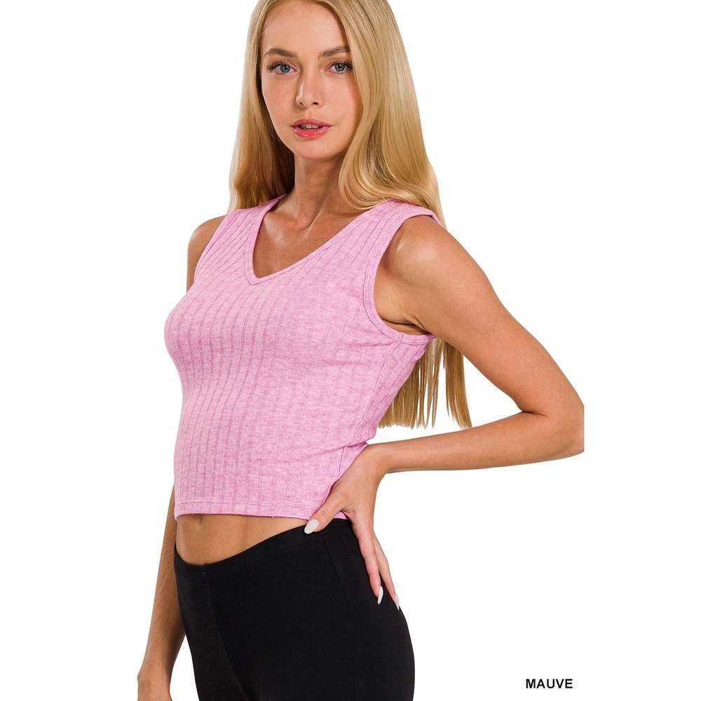 Mauve Pink Ribbed V-Neck Crop Top Sleeveless‎ Knit Tank Shirt